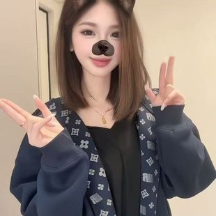 重磅印花美式 卫衣国潮情侣休闲拉链外套 复古拼接印花连帽开衫