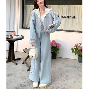 阔腿裤 女休闲时尚 连帽卫衣蕾丝拼接外套两件套 两件套装 2025春新款
