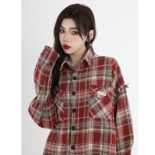 小香风棉服外套女款冬季加厚毛呢绒格纹衬衫高级感情侣工装夹克