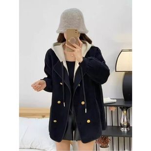 假两件连帽毛呢外套女2023秋冬装 针织拼接设计感双面呢子大衣 新款