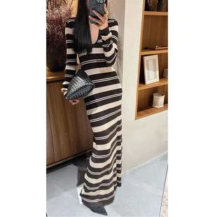 修身 法式 新款 针织连衣裙女2025秋季 百搭包臀长裙 气质条纹V领长袖
