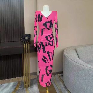 欧洲站御姐复古长袖 性感高端气质包臀长裙 印花连衣裙女秋冬季