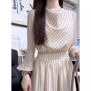 早秋韩系穿搭高级感长袖 荡领条纹气质收腰长裙 连衣裙子女2025新款