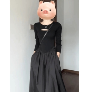 高级感针织小黑裙女 赫本风连衣裙胖MM显瘦长裙子大码 2025新款 秋季