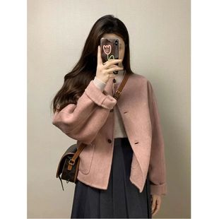胖mm高级感短款 大码 呢子大衣女 小香风粉色毛呢外套女冬季 2025新款