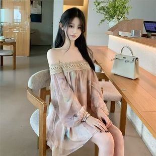 一字领粉色连衣裙女2025年夏季 气质名媛风慵懒甜美氛围感裙子 新款