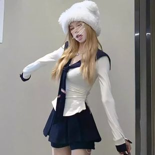 上衣高腰百褶裙两件套 坎肩设计拼接长袖 高级小众基础辣妹秋季 修身