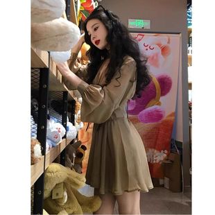 法式 气质收腰a字短裙性感纯欲绝美裙子 蝴蝶结V领雪纺连衣裙女夏季