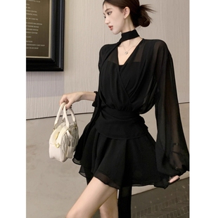 胖mm新款 气质性感V领长袖 大码 连衣裙女夏季 雪纺显瘦短裙黑裙 衬衫