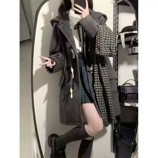 外套女外套秋冬款 潮女外套冬季 中长款 连帽牛角扣呢子大衣秋冬新款