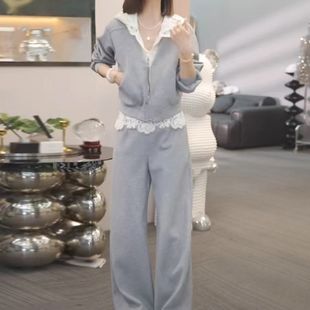洋气裤 蕾丝2025春季 女拼接显瘦连帽时尚 套装 子上衣两件套女 新款