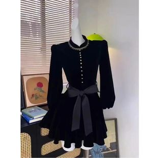 蝴蝶结收腰显瘦短裙子 2025新款 赫本风黑色丝绒长袖 连衣裙女早秋季