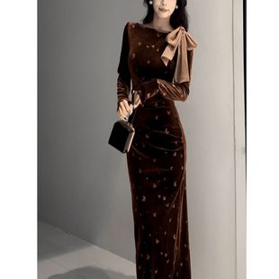 直筒开叉压褶长裙女 飘带印花丝绒连衣裙秋冬气质修身 秋冬新款 长袖