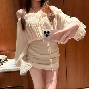 夏气质高级感名媛气质收腰包臀短裙子御姐轻熟风一字肩长袖 连衣裙