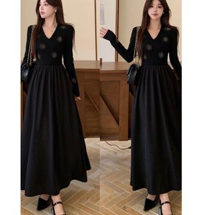 法式 新款 设计感气质连衣裙胖MM收腰遮肚显瘦打底长裙 秋冬季 大码