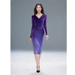 网纱V领包臀长裙子过膝收腰显瘦连衣裙女装 长袖 2025年新款 春秋季