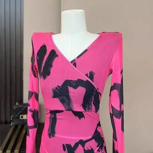 欧洲站御姐复古长袖 性感高端气质包臀长裙 印花连衣裙女秋冬季