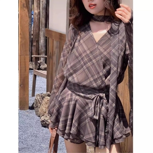 子裙收腰显瘦棕色格纹短裙女潮 胖mm松弛风格 2025新款 秋冬微胖大码