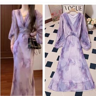 温柔紫色浪漫晕染交叉领连衣裙宫廷袖 木法式 气质长裙 紫衫 2025新款