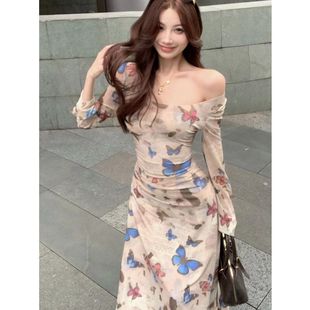 连衣裙 包臀御姐轻熟风长袖 秋冬流行穿搭法式 复古蝴蝶印花性感修身