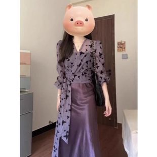 设计感绑带收腰短款 法式 新款 女夏季 上衣 蝴蝶提花紫色v领防晒衬衫