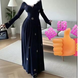 新款 连衣裙女2025秋季 气质长裙 高级感重工烫钻半开领收腰长袖 法式