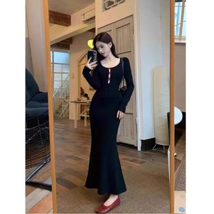 法式 黑色长袖 新款 内搭针织连衣裙女秋冬季 气质包臀长裙子 2025新款