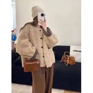 慵懒风环保羊羔毛外套女秋冬季 宽松加厚皮毛一体休闲减龄上衣 短款
