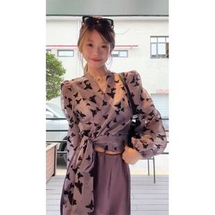 套装 时尚 高腰半身裙两件套 上衣女2025夏季 设计感紫色印花绑带长袖