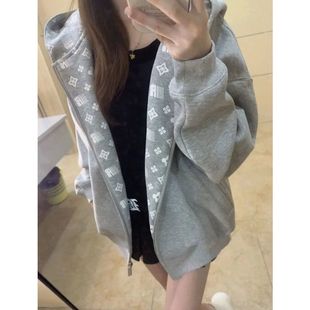 美式 国潮男女学生情侣宽松加绒减龄百搭外套 复古拼接印花拉链帽衫