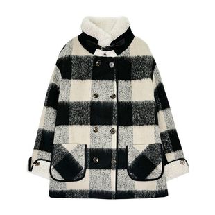 格子毛呢外套女冬季 韩系复古拼接羊羔毛领夹棉加厚呢大衣 2025新款