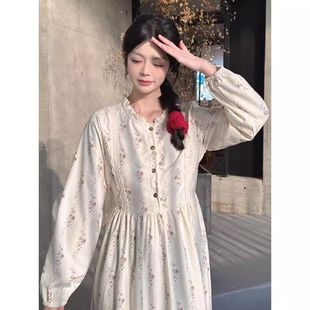 新款 碎花灯芯绒连衣裙春秋甜美春季 圆领蕾丝 秋冬女装 2025新款