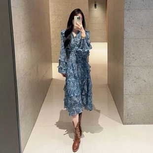 长袖 法式 碎花连衣裙女气质收腰显瘦度假风茶歇长裙子 新款 2025秋季