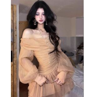 纯欲辣妹风抹胸高级感气质连衣裙夏季 短裙 褶皱微透收腰显瘦长袖