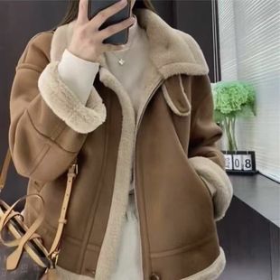 韩系仿羊羔毛外套女冬季 加厚保暖宽松设计感皮毛一体棉服 2025新款