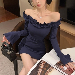 裙子修身 短裙长袖 性感包臀裙 气质荷叶边一字肩连衣裙女喇叭袖 春季