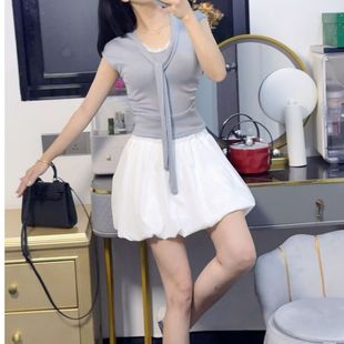 女夏高腰半身裙花苞短裙设计感蕾丝短袖 上衣韩系飘带褶皱t恤套装