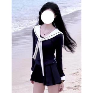 学院风复古套装 上衣披肩甜辣妹穿搭百褶半身裙两件套 女藏蓝色长袖