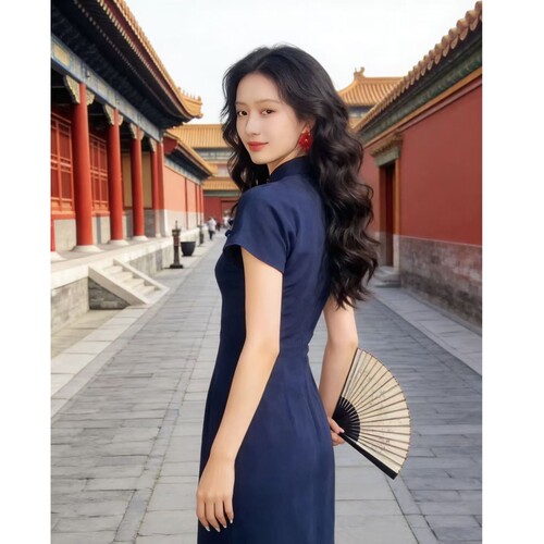 新中式国风藏蓝色盘扣连衣裙2026新款复古禅意清冷感旗袍日常可穿