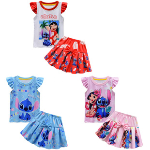 星际宝贝Lilo and Stitch史迪奇儿童短袖上衣百褶裙女童夏套装裙