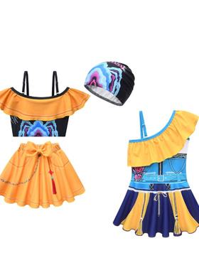 儿童连体裙泳衣Kpop Demon Hunters猎魔女团女童斜肩泳衣帽子