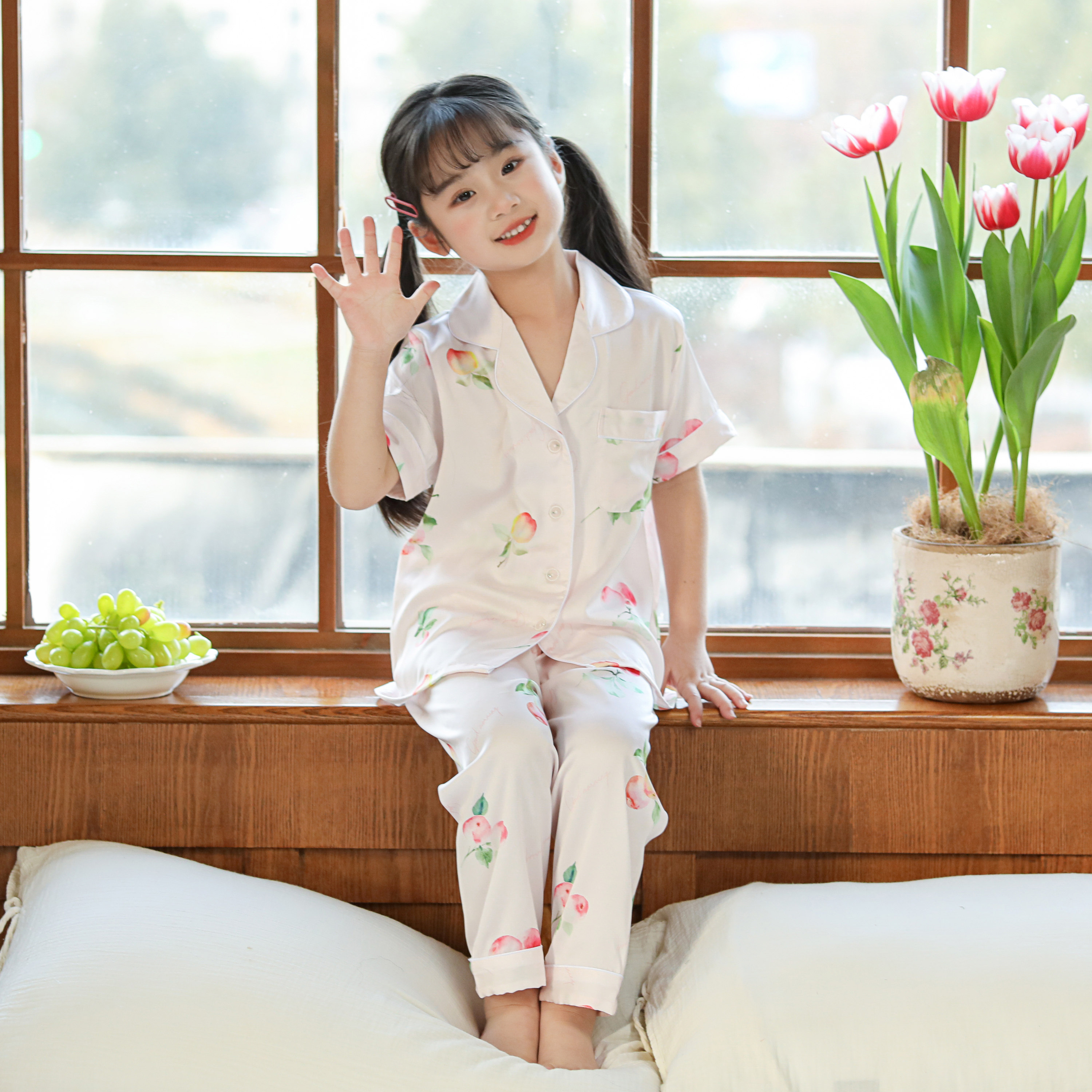 儿童女童睡衣套装薄款春夏短袖中大童丝绸女孩粉色甜美家居服套装