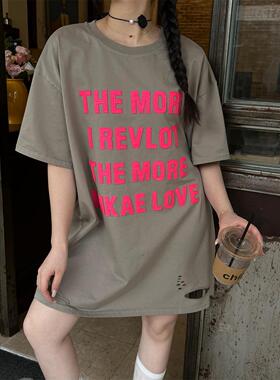 JL SUNFLOWER宽松显瘦大码上衣t夏季女装情侣新款破洞潮酷字母t恤