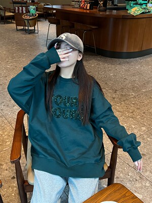 大码宽松长袖套头绿色亮片卫衣女