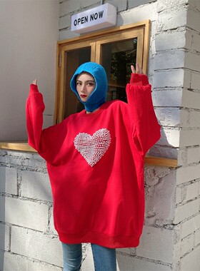 JL SUNFLOWER红色卫衣女宽松大码潮牌休闲百搭钉珠爱心拼接外套潮