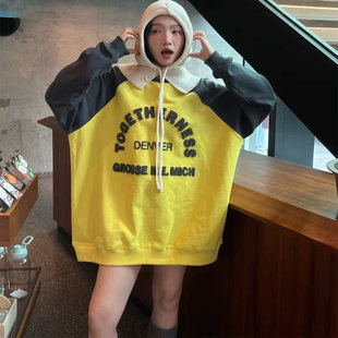 圆领刺绣字母卫衣女大码 中长款 宽松拼接上衣 SUNFLOWER欧货冬季