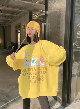 JL SUNFLOWER冬季韩版宽松外套bf慵懒风新款卡通印花加厚卫衣女装