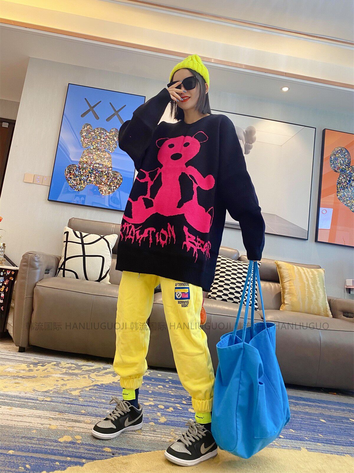 欧洲站宽松显瘦卡通黑色中长款加厚毛衣女冬季设计感小众针织外套