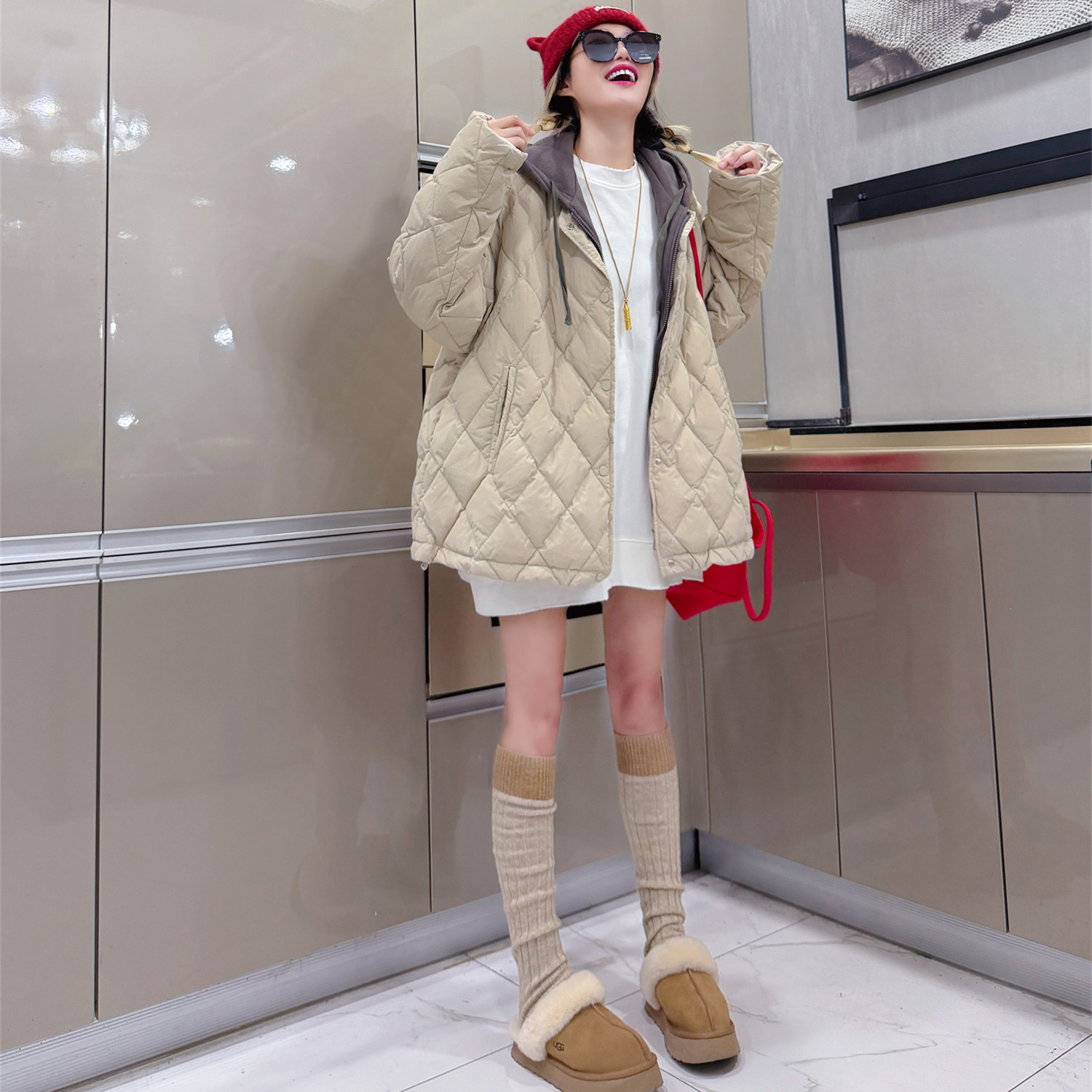 菱形格连帽羽绒服女秋冬季韩系宽松显瘦中长款白鸭绒假两件外套潮