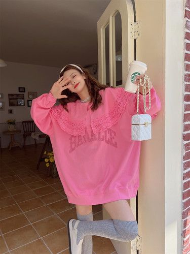 秋季重工刺绣卫衣女宽松蕾丝上衣